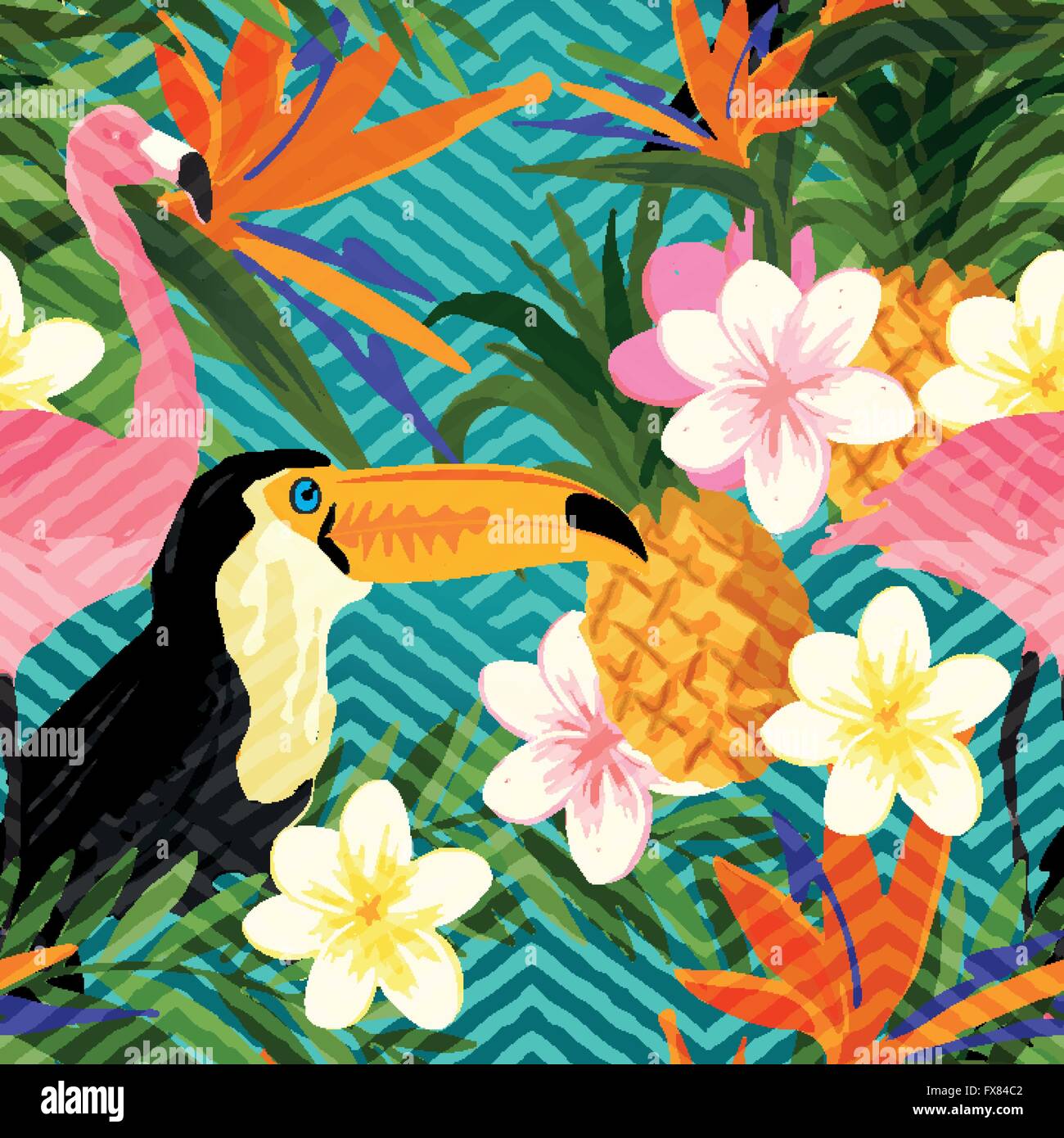 Tropischen geometrische Sommer. Tropischer Sommer nahtloser Vektor Muster Hintergrund. Stock Vektor