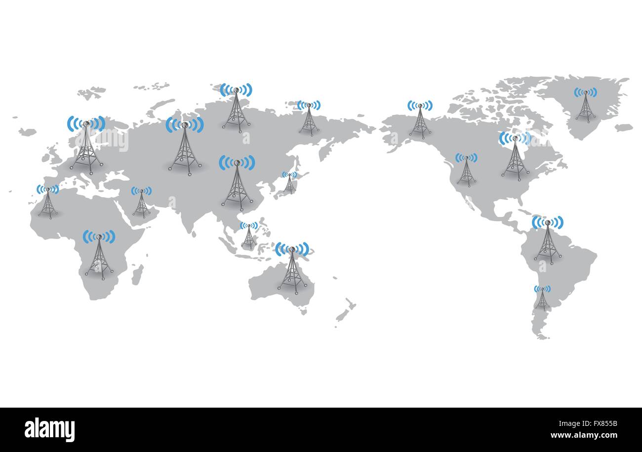 Sendeturm auf Weltkarte Stock Vektor