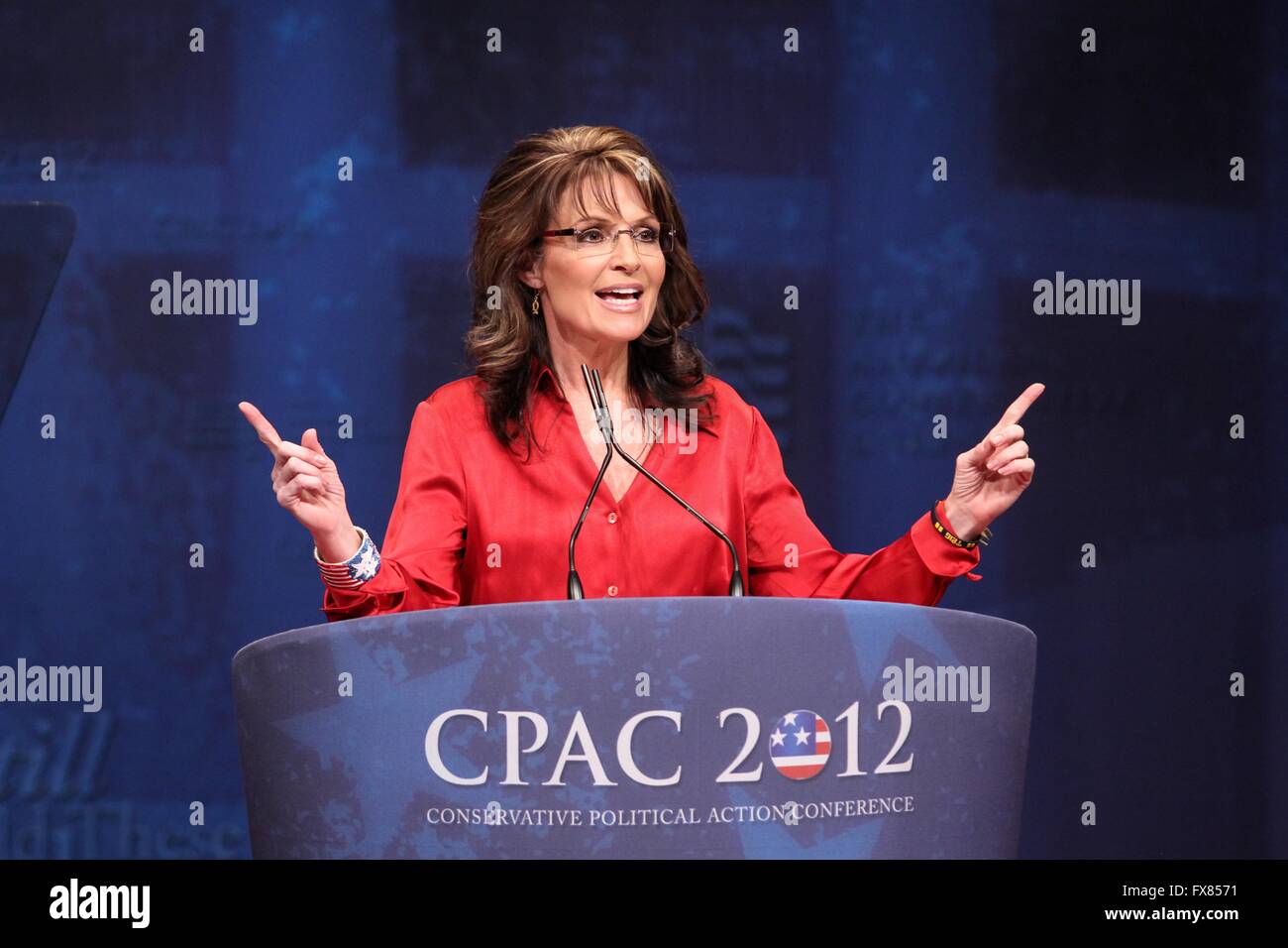 Ehemalige Alaska Gov Sarah Palin befasst sich mit die Jahrestagung der amerikanischen Konservativen Union CPAC 11. Februar 2012 in Washington, DC... Stockfoto