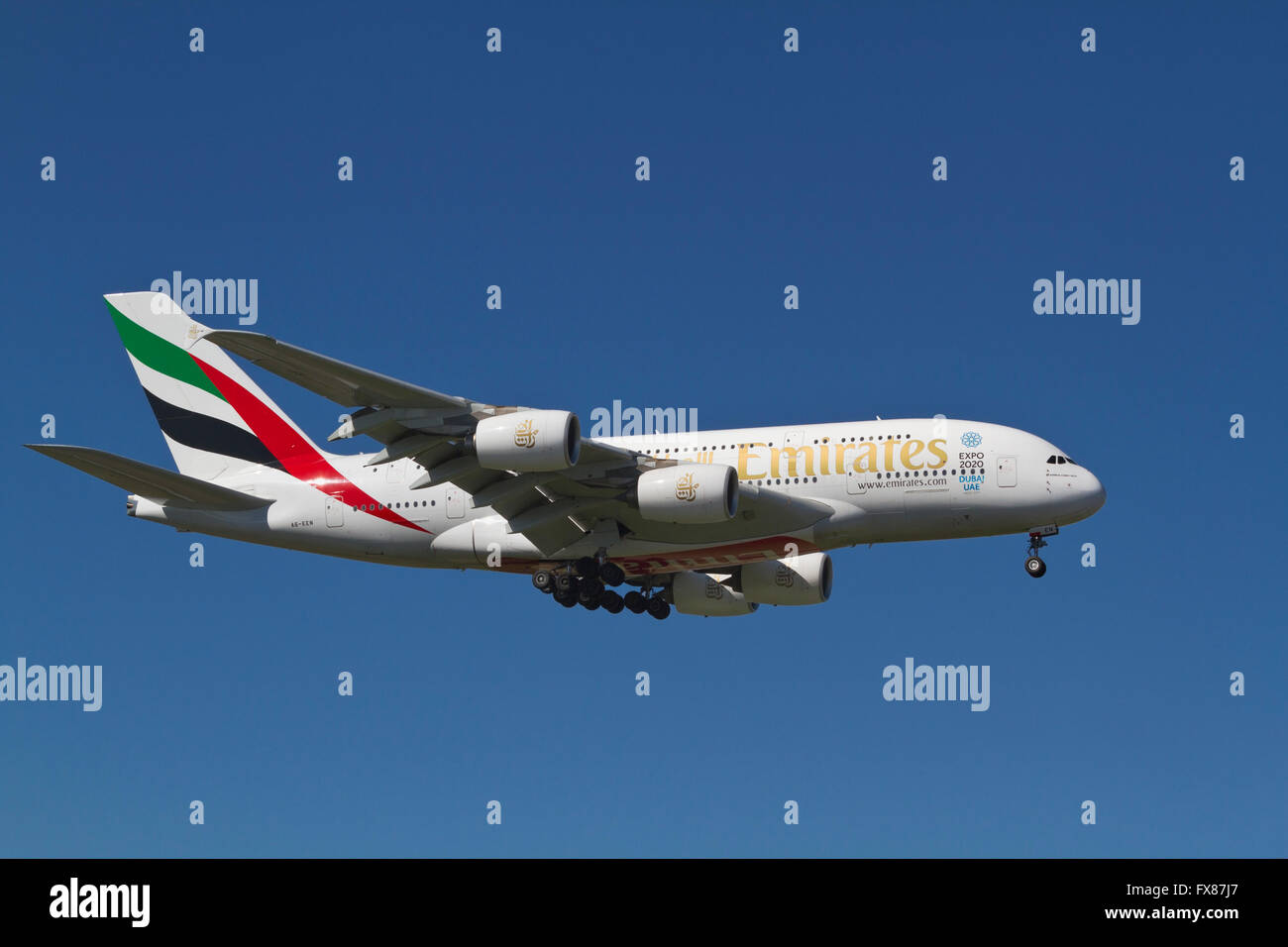 Emirate, Airbus A380-861, super-Jumbo Jet, Flug EK151 im Endanflug zum Flughafen Kopenhagen, Kastrup, Dänemark aus Dubai Stockfoto
