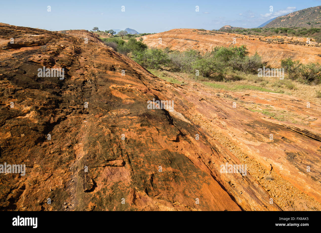 Der metamorphe Inselberg von Precambria - einige der ältesten Gesteine der Erde - am Mudanda Rock im Tsavo East Nationalpark in Kenia Ostafrika Stockfoto