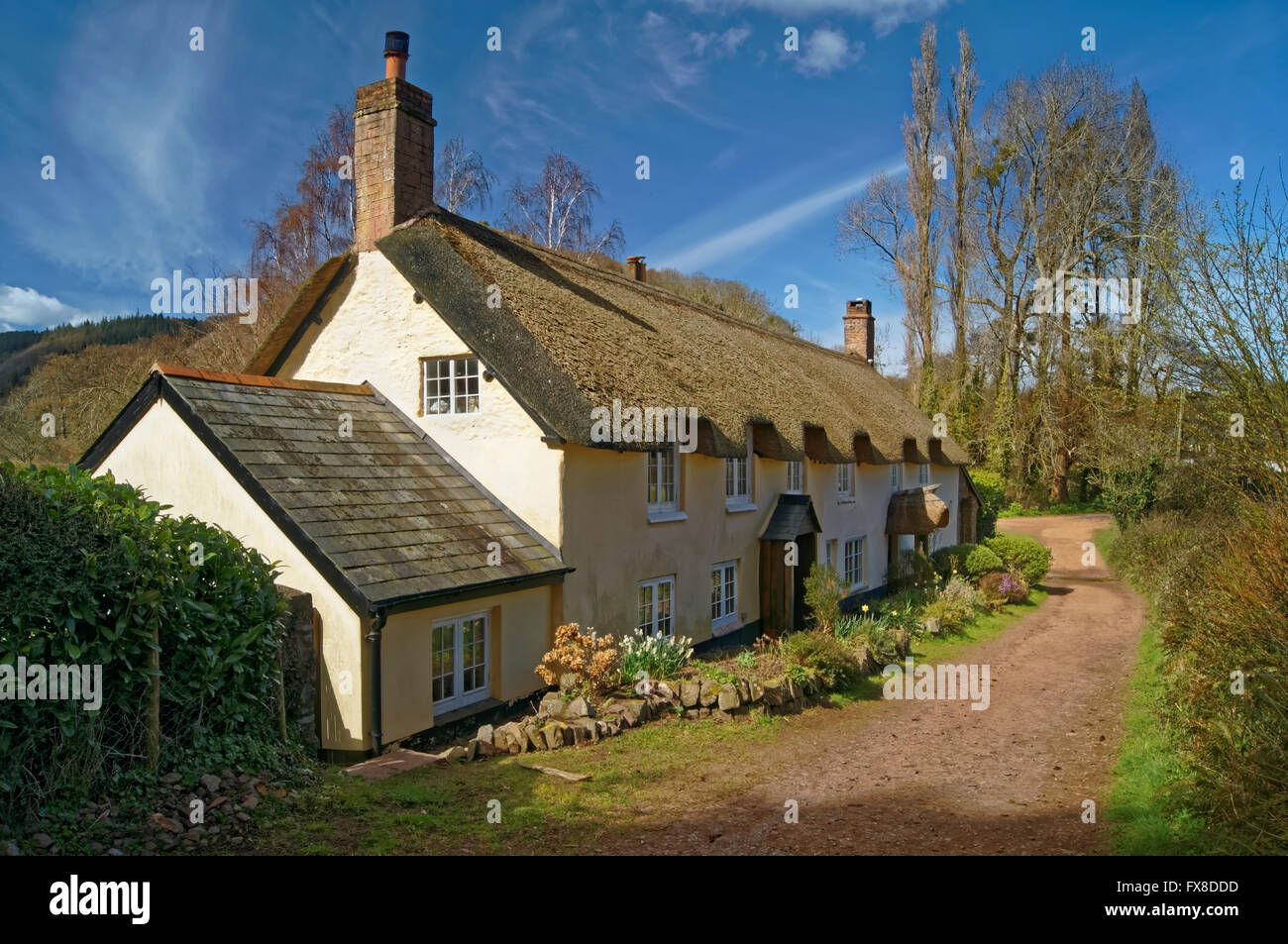 UK, Somerset, Dunster, Thatched Cottage in der Nähe von Gallox Brücke Stockfoto