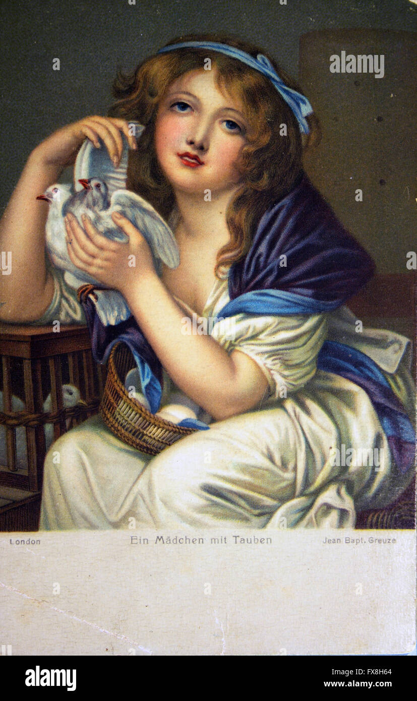 Postkarte gedruckt in London, Großbritannien, zeichnen Sie zeigt durch Jean Baptiste GREUZE 'Mädchen mit Tauben', ca. 1945 Stockfoto