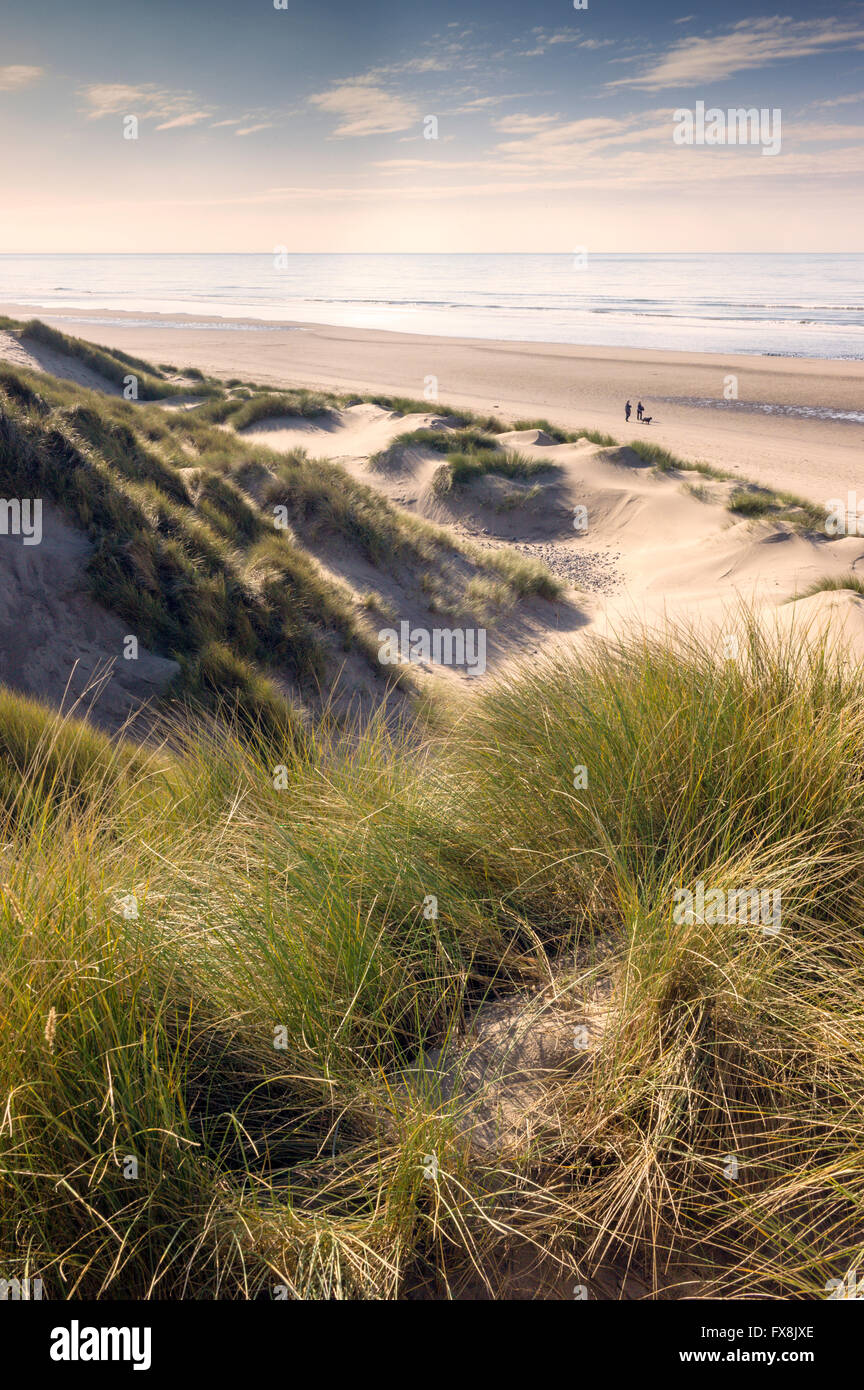 Fernen Wanderer können durch die Dünen, ein Spaziergang entlang der ruhigen Strand von Ynyslas Ceredigion Mid Wales gesehen werden. Stockfoto