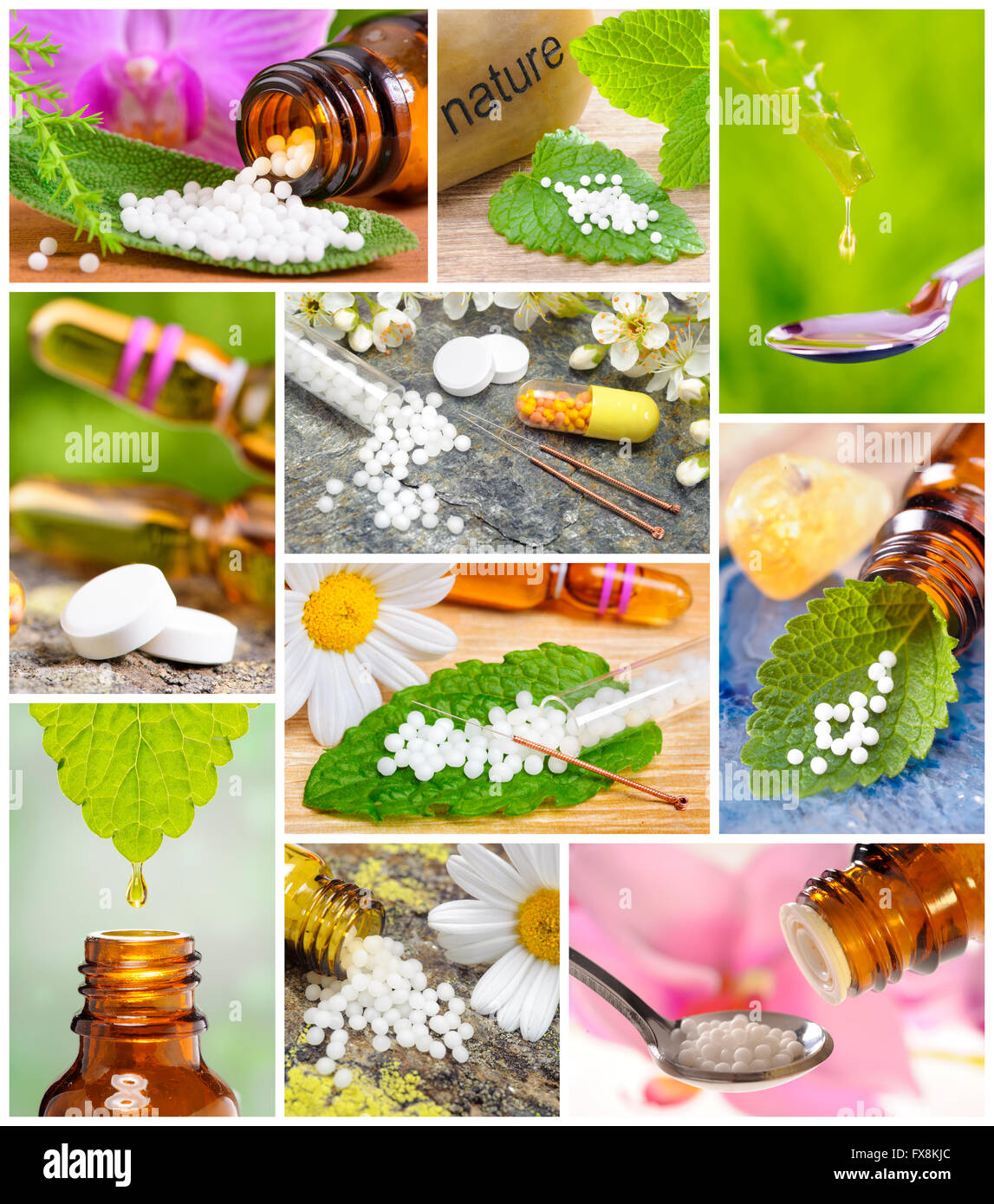 Collage der alternativen Medizin und Homöopathie mit Kräuterpillen und Akupunktur Stockfoto