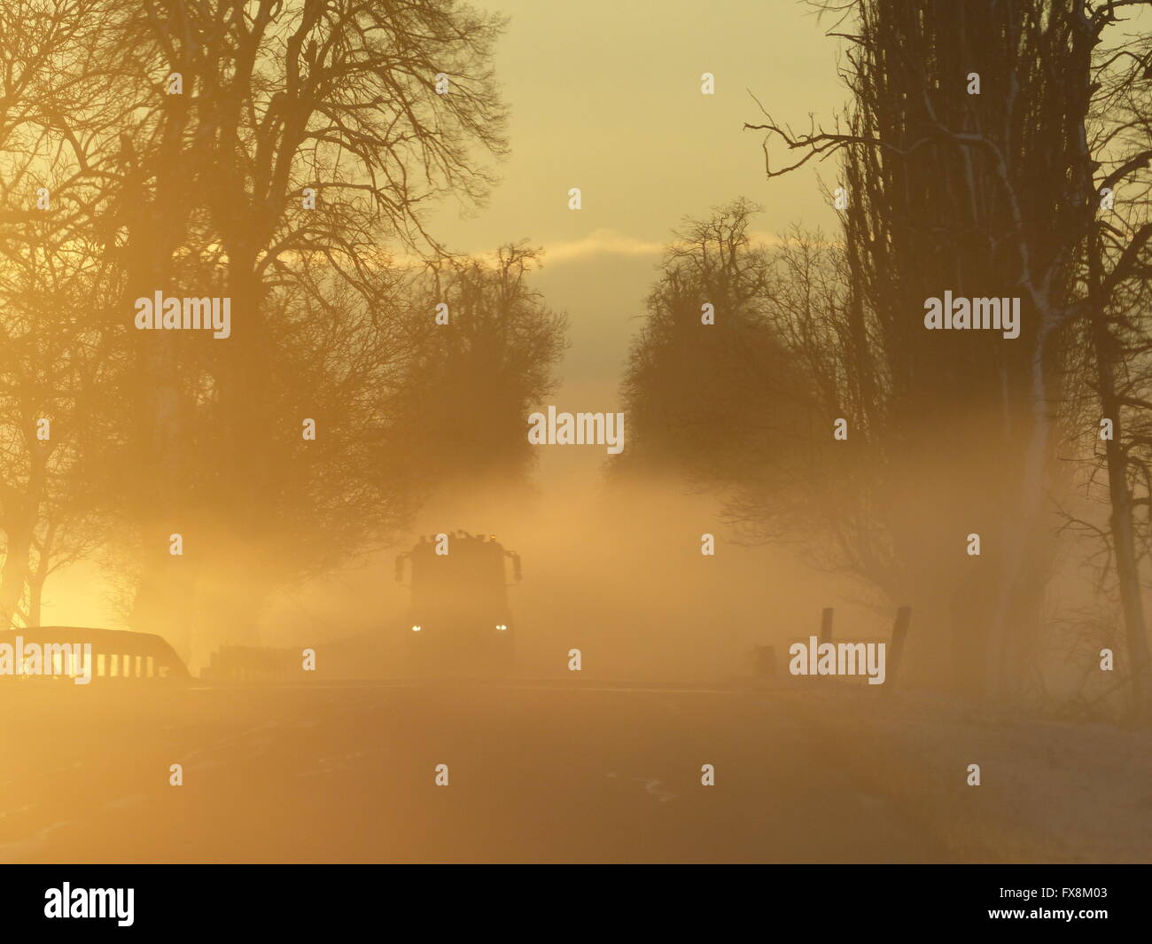 Straße mit Sonnenaufgang und Nebel gefährliche Fahrbedingungen zu schaffen Stockfoto