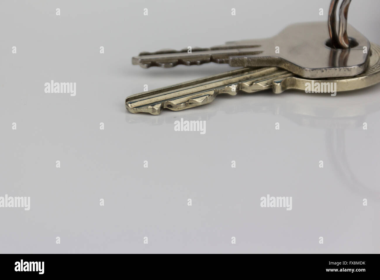 zwei Schlüssel Makro auf weißem Hintergrund mit Textfreiraum Stockfoto