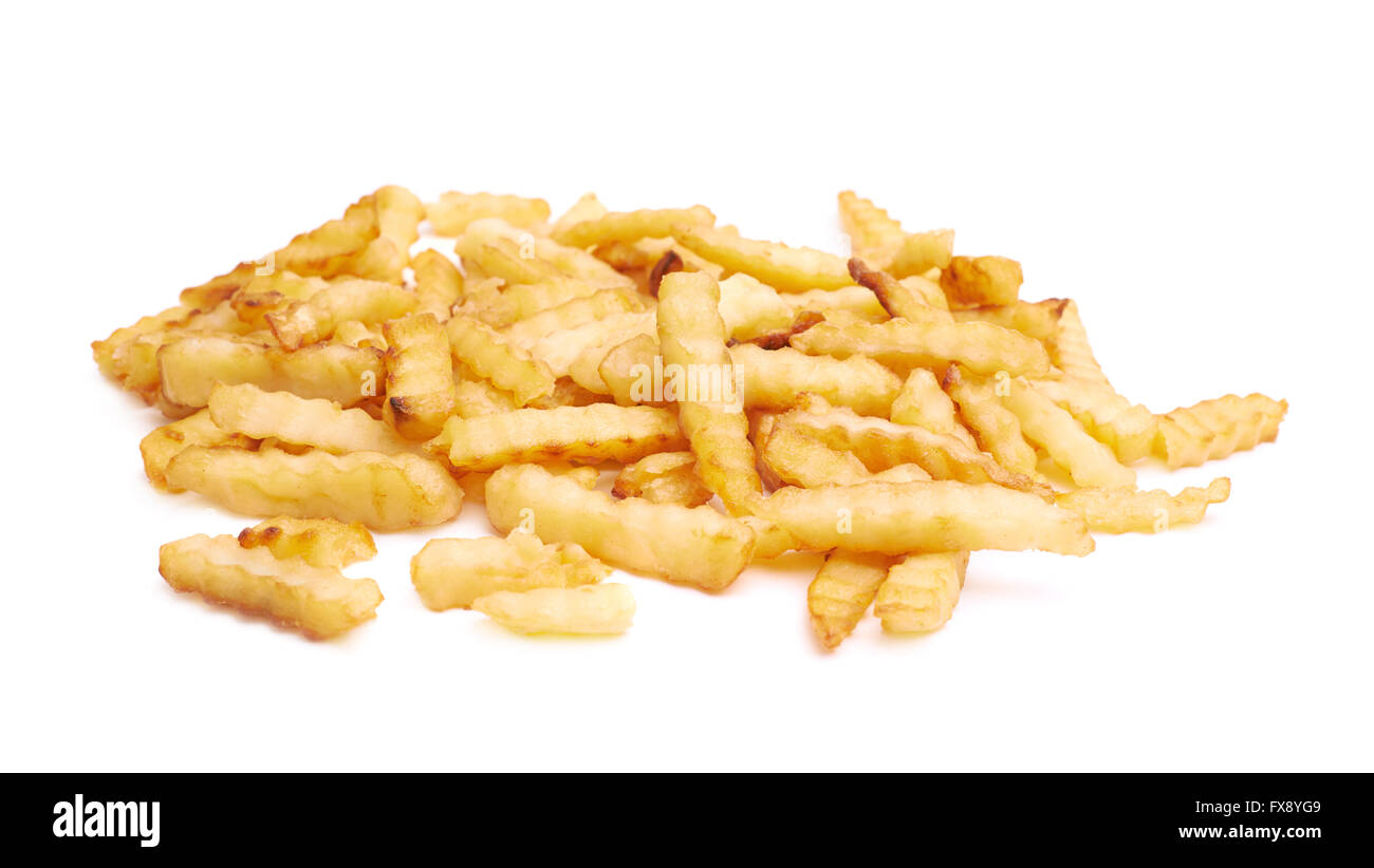 Haufen von mehreren gewellten Pommes frites isoliert Stockfoto