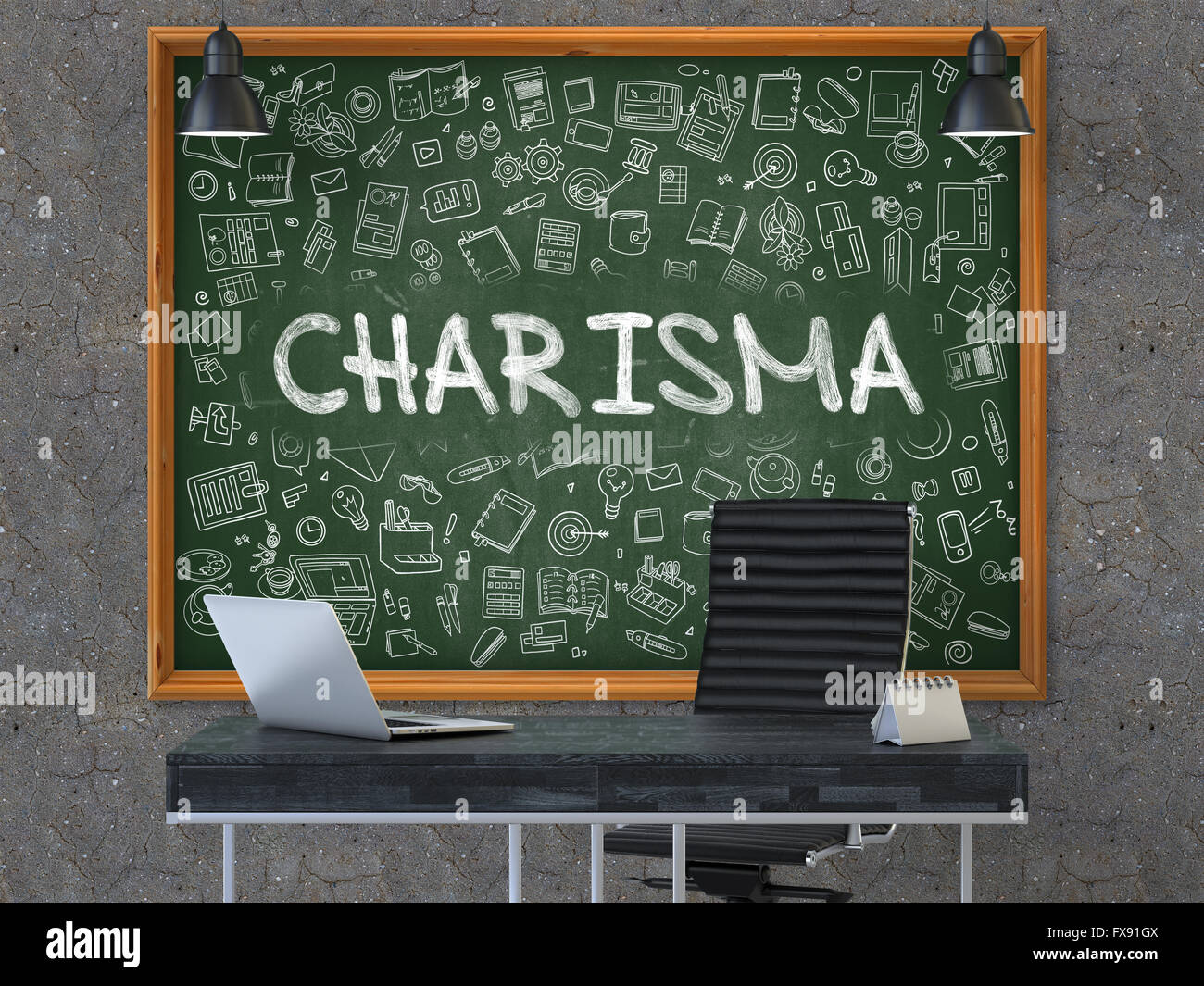 Charisma-Konzept. Doodle-Symbole auf der Tafel. Stockfoto