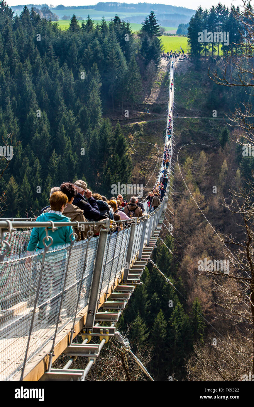 Hängebrücke-Geierlay, zwischen den Dörfern Mörsdorf und Sosberg, 360 Meter lang, die längste Hängebrücke in Deutschland Stockfoto