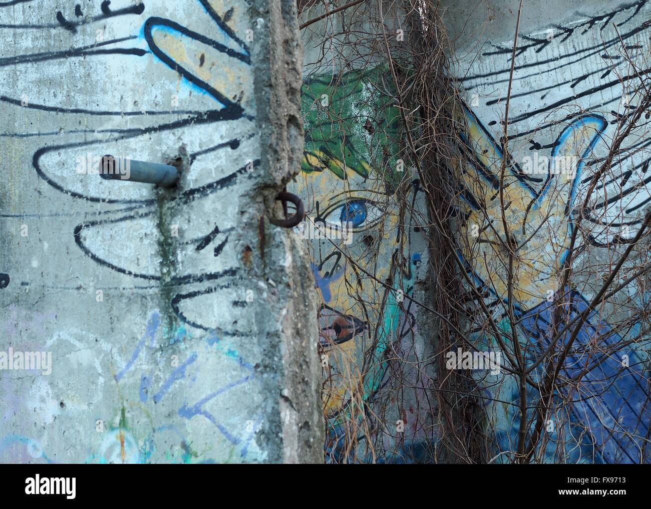 Alte Teile der Wand mit Graffiti an es sind bei der Gedenkstätte Berliner Mauer in Berlin am Bernauer Straße am 30. Dezember 2015 sehen. Künstler malten oft Protest Bilder auf der Westseite der Berliner Mauer. Foto: Wolfram Steinberg/dpa Stockfoto