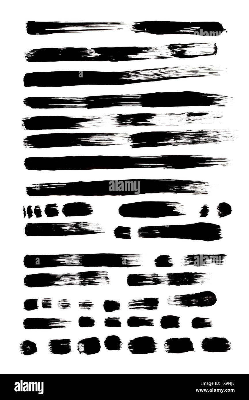 Verschiedene schwarze Farbe Pinselstriche Isolated on White Background. Stockfoto