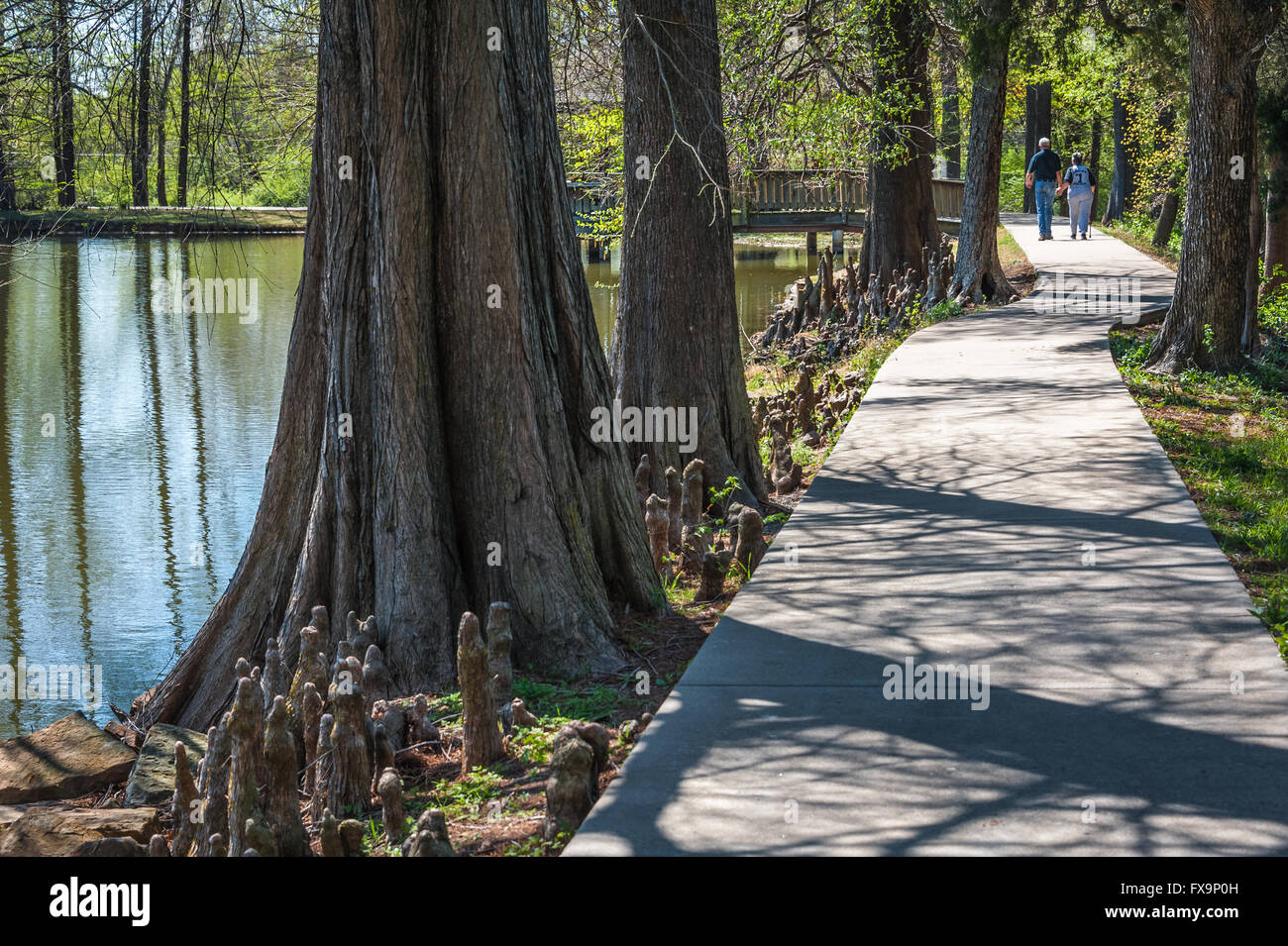 Älteres Paar halten die Hände auf einen gemütlichen Spaziergang rund um den See zu Ehren Heights Park in Muskogee, Oklahoma, USA. Stockfoto