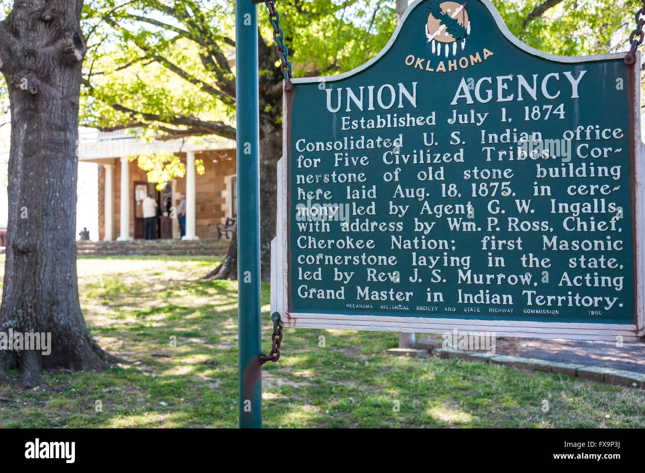 Historische Markierung der Union Agency im Five Civilized Tribes Museum in Muskogee, Oklahoma. (USA) Stockfoto