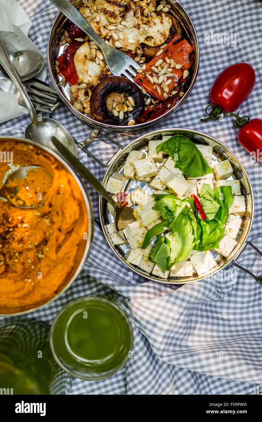 Gebratenes Gemüse, Karotte Hummus und Tofu mit Kräutern in Stahl Lunch-Boxen auf der Picknickdecke. Ansicht von oben Stockfoto