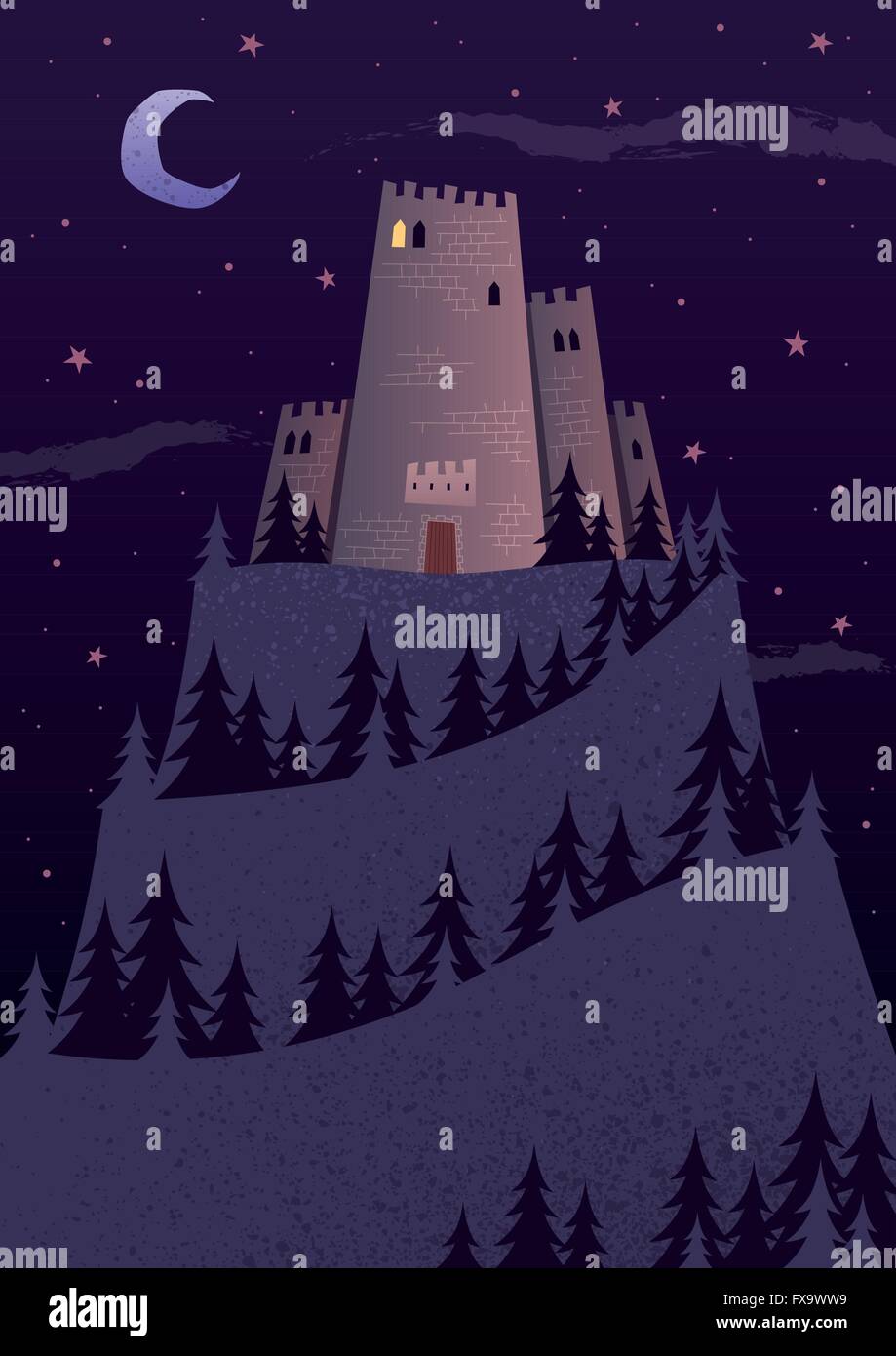 Cartoon-Burg auf einem steilen Hügel in der Nacht. Keine Transparenz verwendet. Einfache (lineare) Steigungen. Stock Vektor
