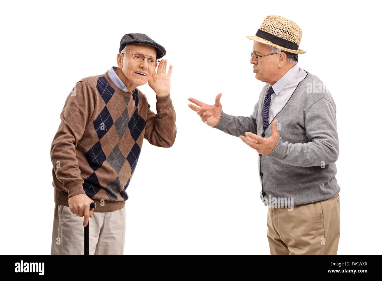 Ältere Mann kämpft, einen Freund in einer Diskussion, die isoliert auf weißem Hintergrund zu hören Stockfoto