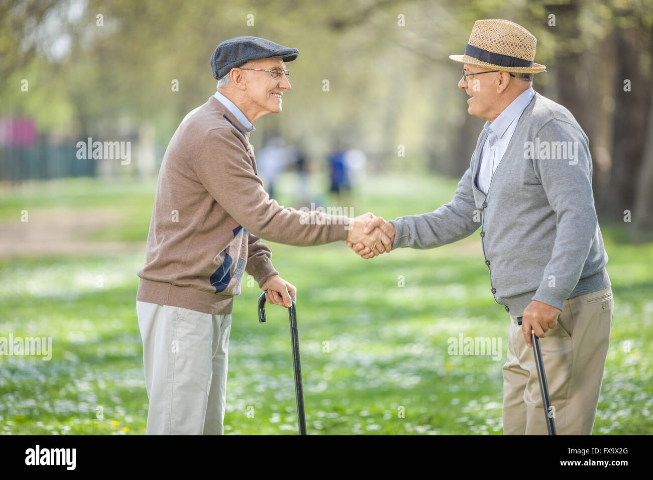Zwei alte Freunde treffen im Park und Händeschütteln an einem schönen Frühlingstag Stockfoto