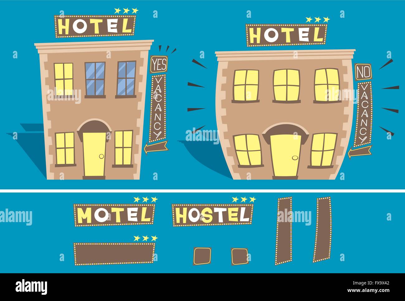 Comic-Illustration des kleinen Hotels in 2 Versionen: mit und ohne freie Zimmer. Stock Vektor