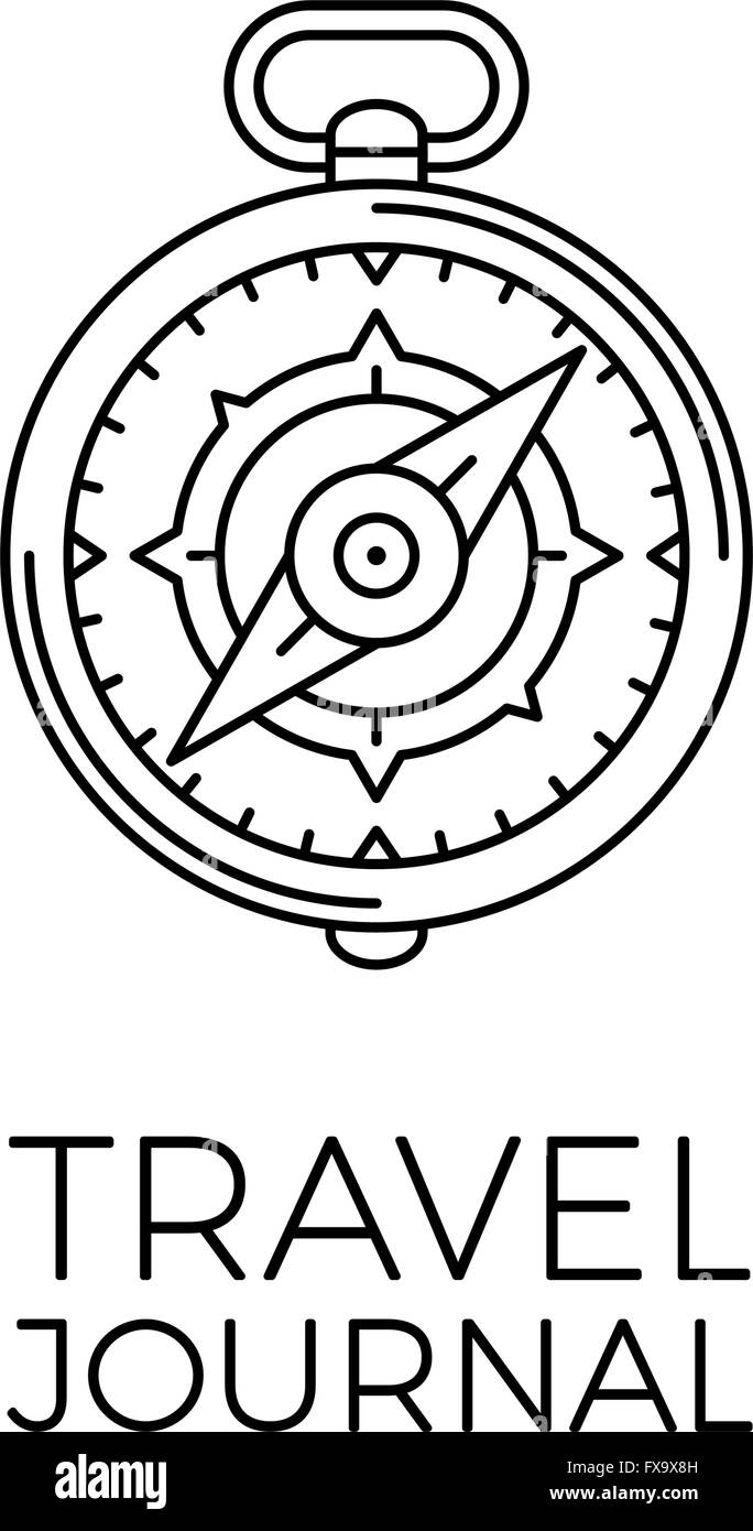 Retro-dünne Linie Reisen Abbildung. Umriss-Vintage Reise-Symbol. Einfache mono linear Tour-Logo. Schlaganfall-Vektor-Expedition-Konzept auf weißem Hintergrund Stock Vektor