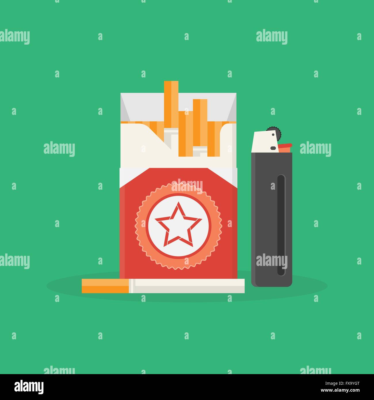 Vektor-Illustration der geöffneten Packung Zigaretten und Feuerzeug. Rauch-Problem. Nikotinsucht. Ungesunder Lebensstil-Konzept Stock Vektor