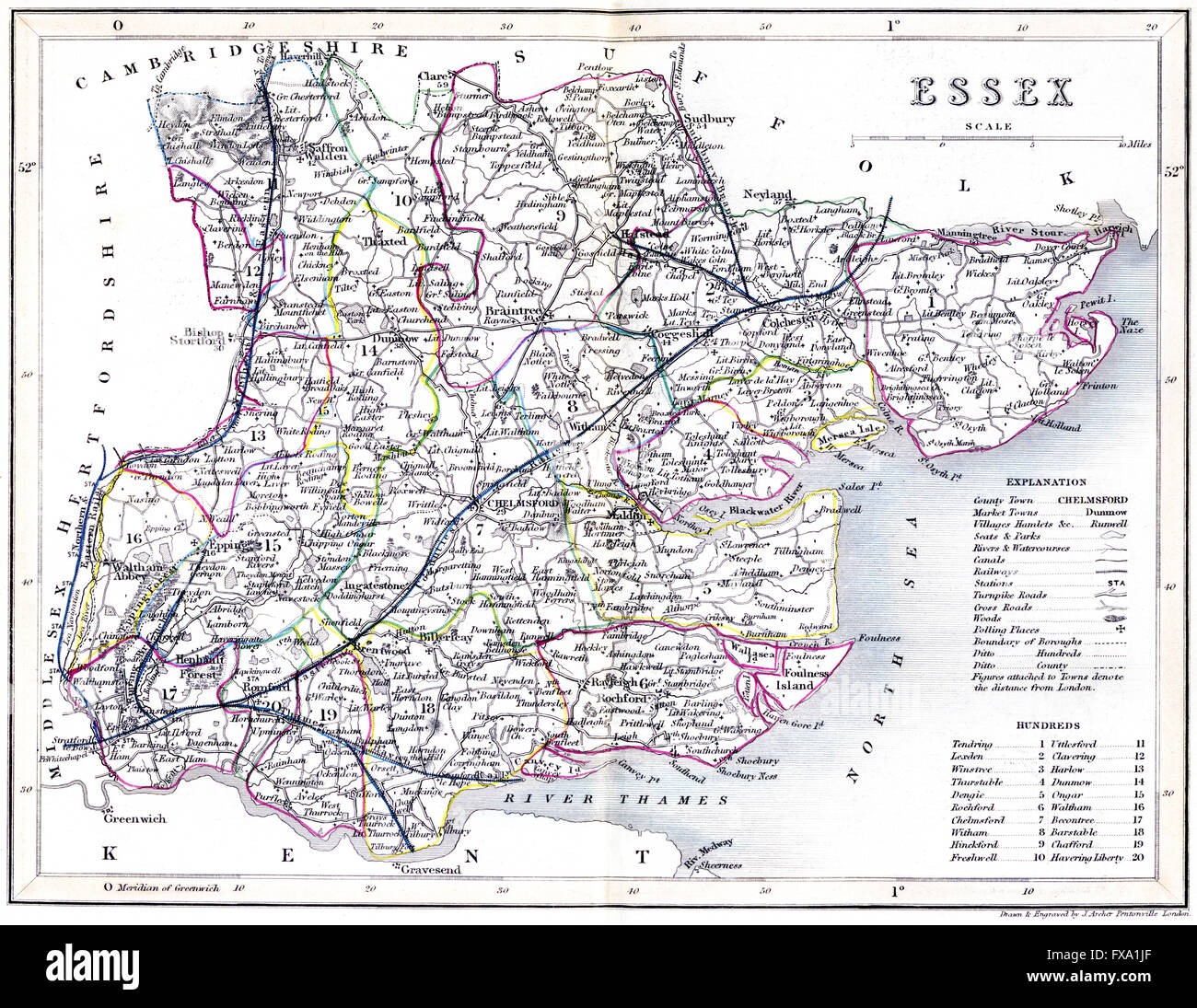 Eine alt kolorierte Karte der Grafschaft Essex, England, wurde mit hoher Auflösung aus einem um 1850 gedruckten Buch gescannt. Für urheberrechtlich frei gehalten. Stockfoto