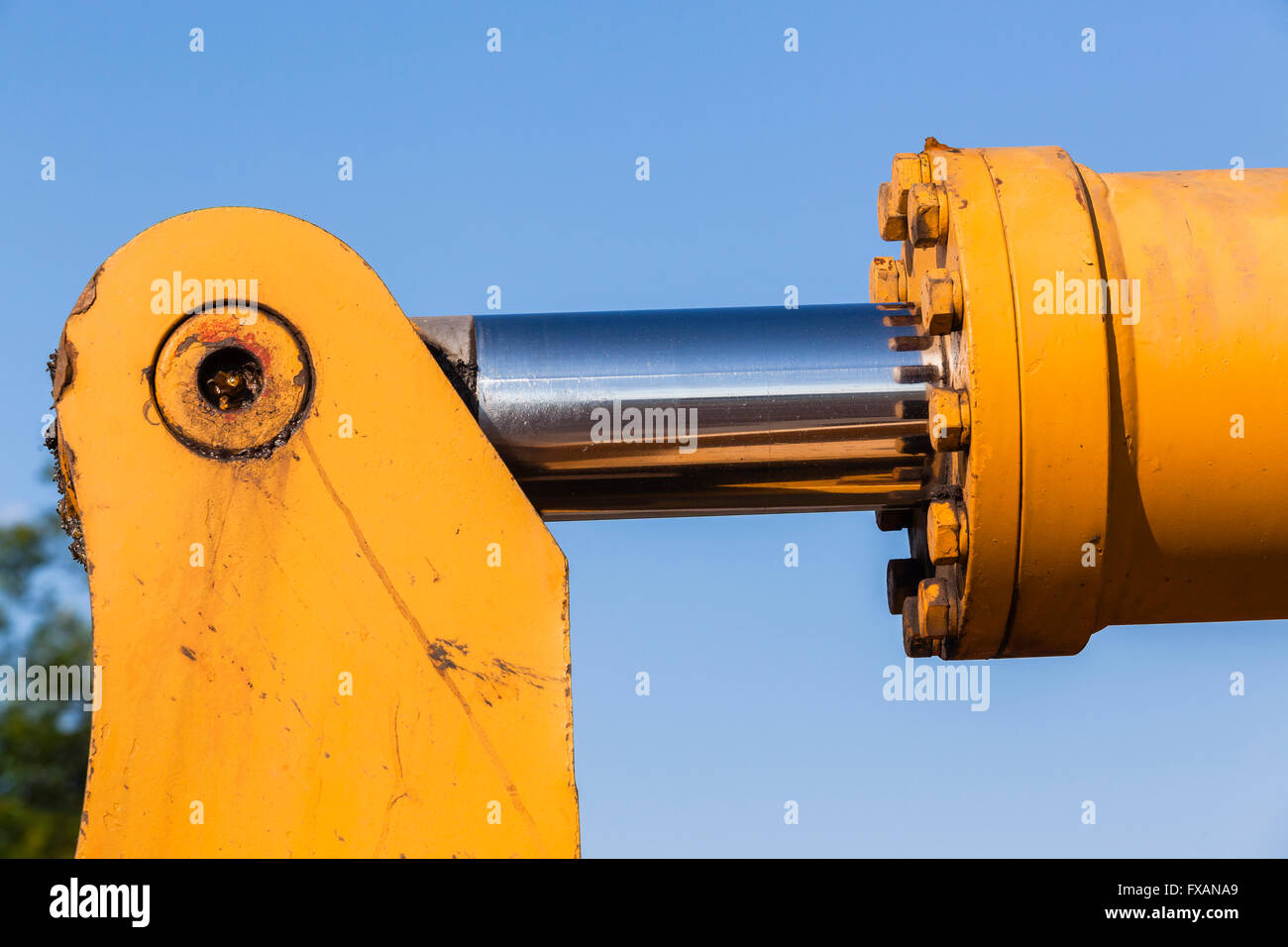 Industrielle Erdarbeiten Maschinen Hydraulikleistung Öl Zylinder Welle Pin Nahaufnahme Foto detail Stockfoto