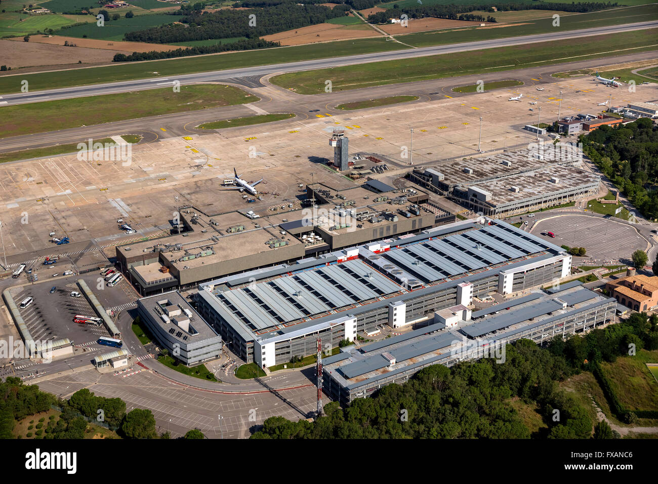 Luftaufnahme, LEGE, Girona-Costa Brava Airport, Flughafen, Terminal, Flughafen Gerona, Flughafen Girona, Vilobí d'Onyar, Stockfoto