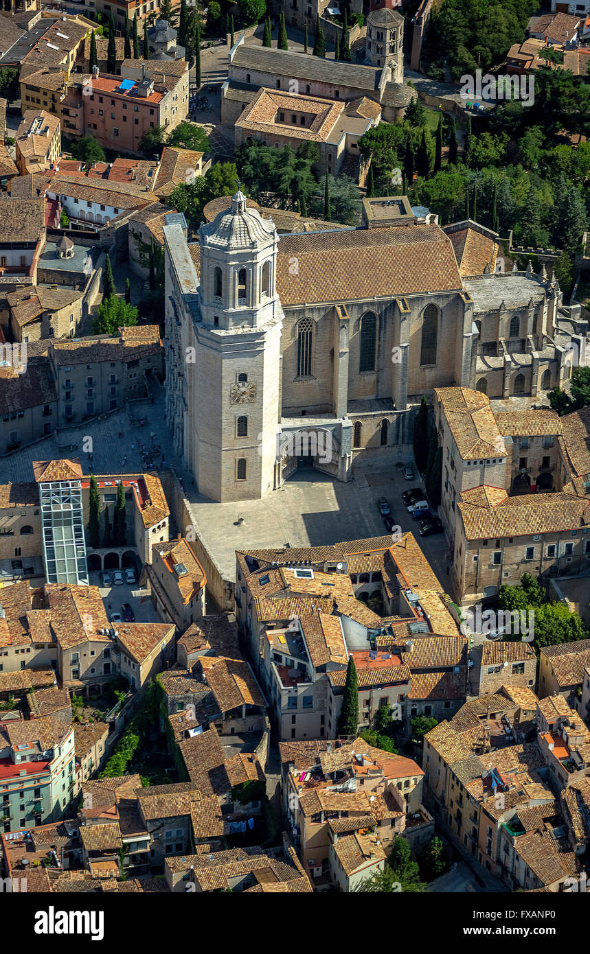 Luftaufnahme, Kathedrale von Girona, Catedral de Santa Maria de Girona, Girona, Costa Brava, Katalonien, Spanien, Europa, Luftaufnahme, Stockfoto