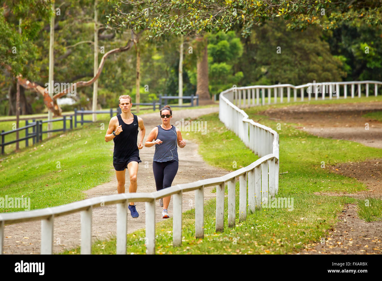 Ein Mann und eine Frau joggen durch Centennial Park, Sydney. Stockfoto