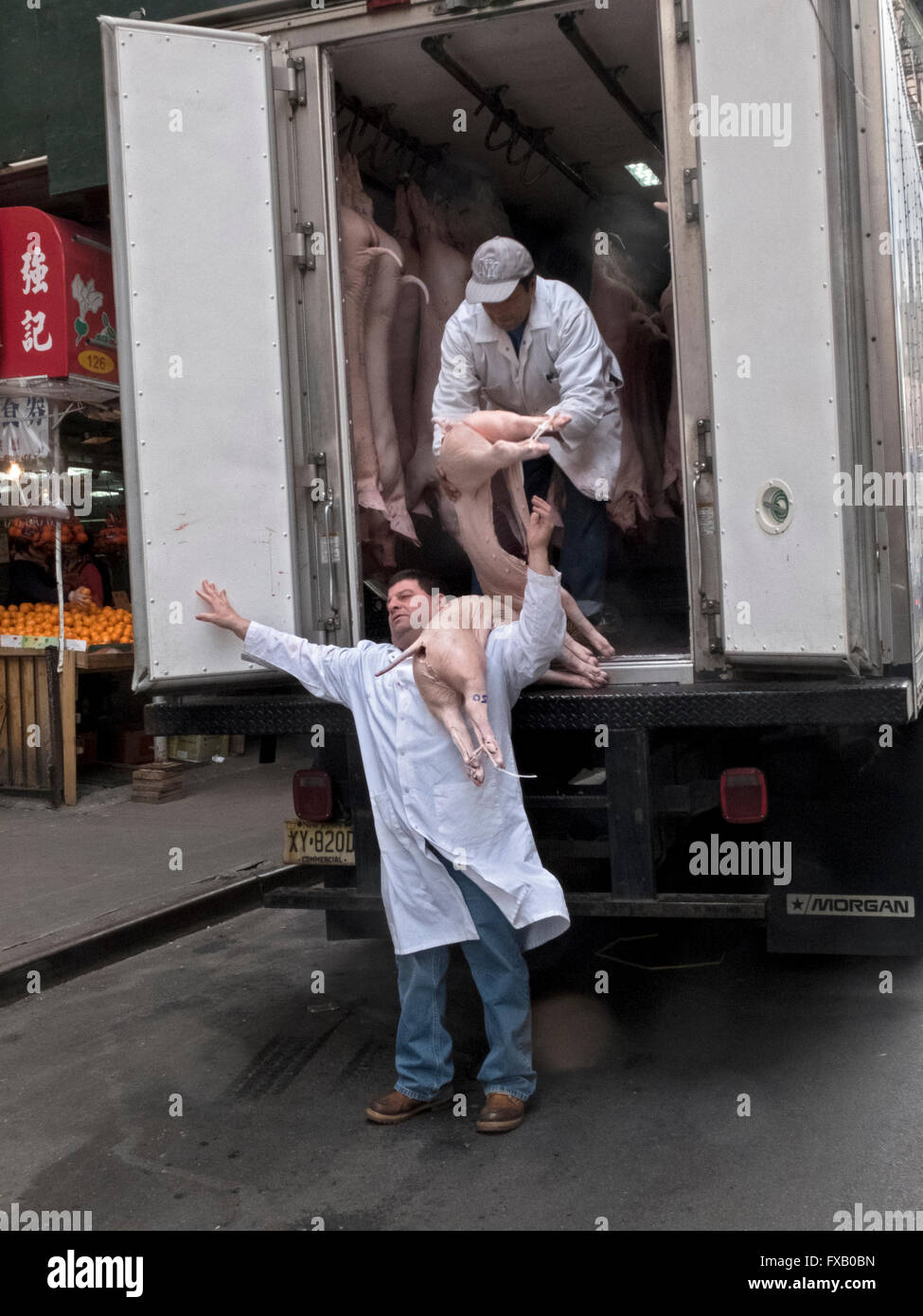 Ein Lieferwagen liefern ganze Schwein Karkassen zu einem chinesischen Restaurant an der Mott Street in Chinatown in New York City Stockfoto