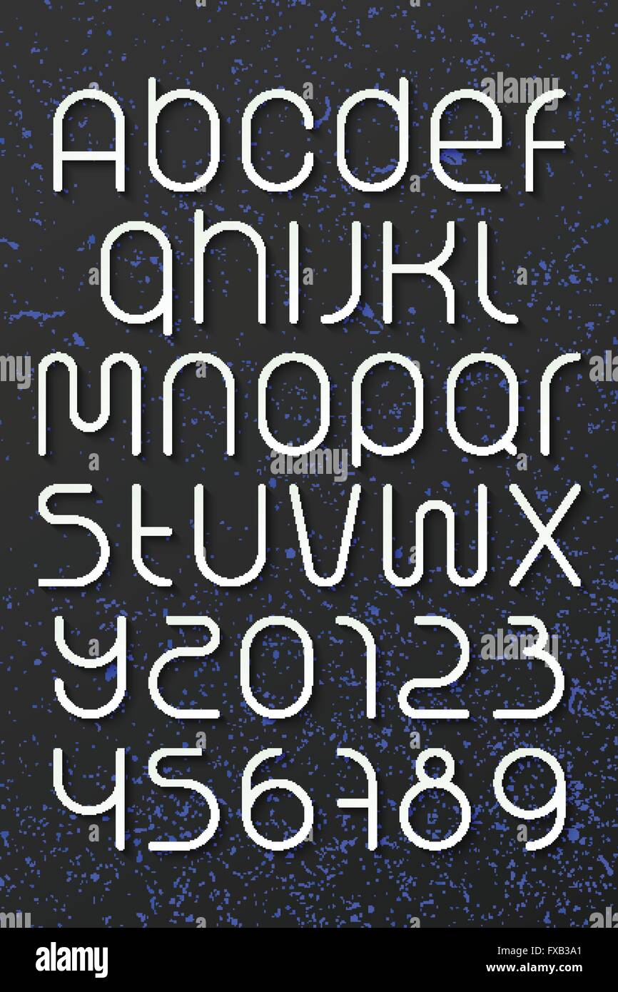 Satz von runden Stil Alphabet Buchstaben und Zahlen auf dunklem Hintergrund. Vektor-Font Schriftgestaltung. moderne, kommerzielle Schriftzug Symbol Stock Vektor