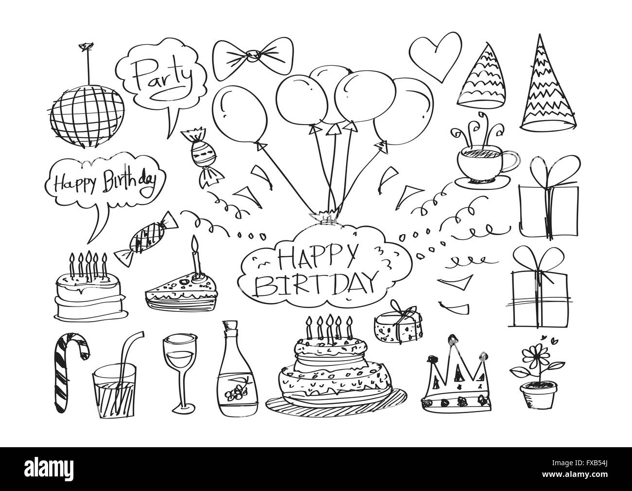 Handgezeichnete Geburtstag Kritzeleien Vektor-illustration Stock