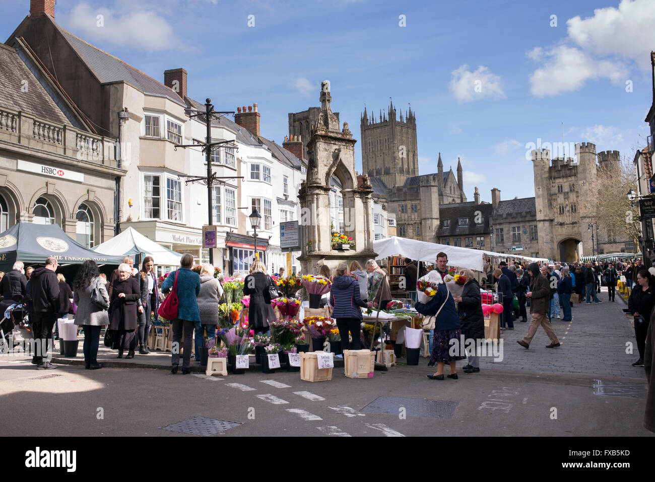 Markttag in Brunnen. Somerset, England. Stockfoto
