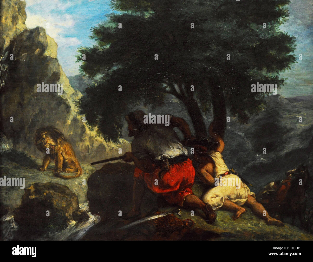Eugène Delacroix (1798-1863). Französischer Maler. Löwenjagd in Marokko, 1854. Öl auf Leinwand. Die Eremitage. Sankt Petersburg. Russland. Stockfoto