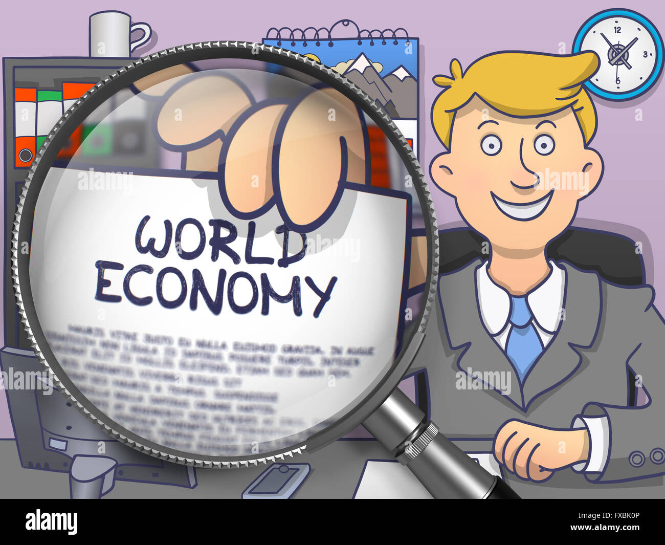 Weltwirtschaft durch Lupe. Doodle-Stil. Stockfoto