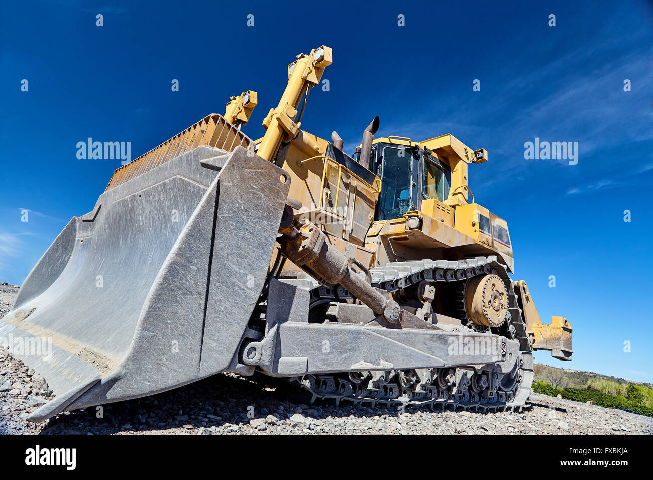 Bau Baumaschinen große Planierraupe auf Baustelle closeup Stockfoto
