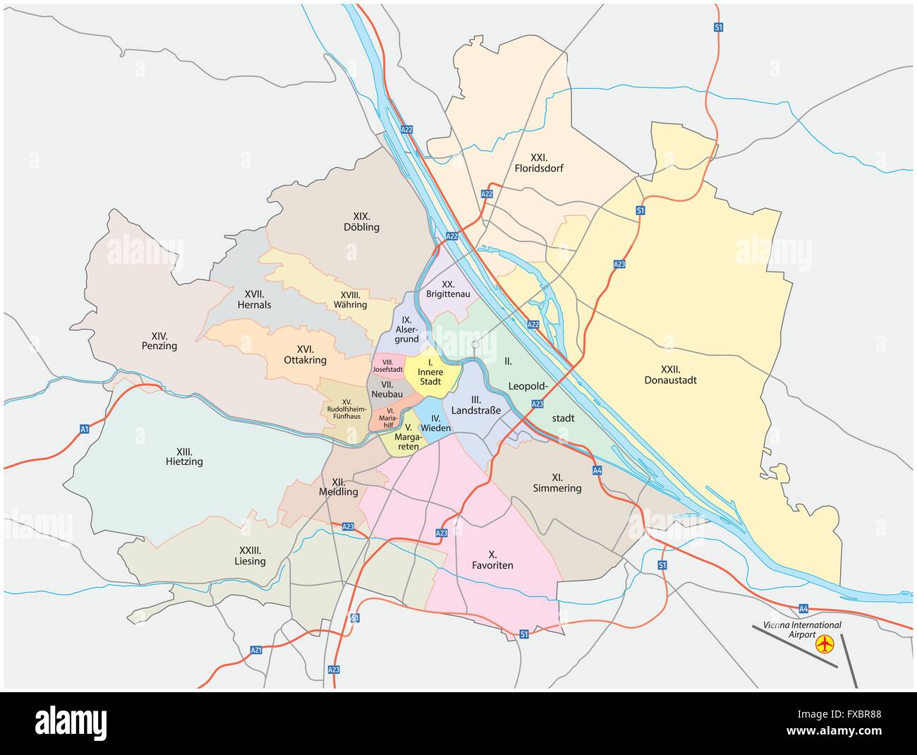 Stadt Wien, Straßen- und Verwaltungskarte Stock Vektor