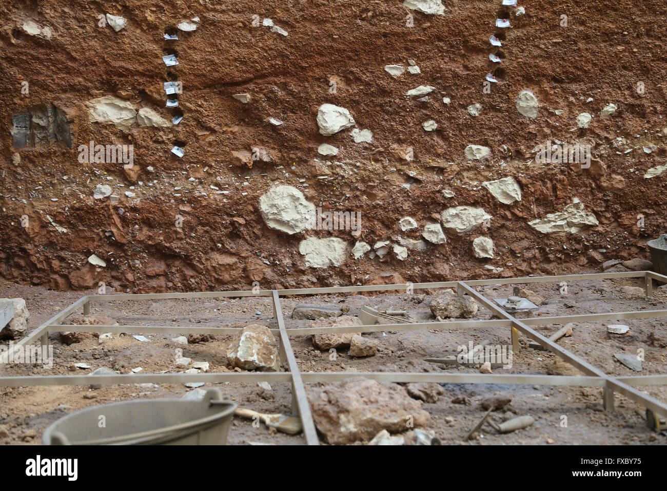 Archäologische Ausgrabung. Studieren Sie Materialien bleibt. Stratigraphie. Atapuerca. Burgos. Spanien. Stockfoto