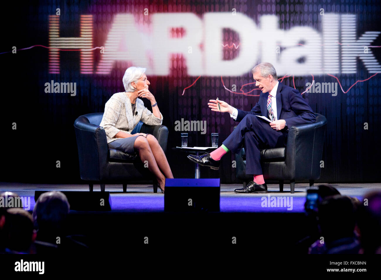 Washington DC, USA. 14. April 2016.  Stephen Sackur von der BBC HARDtalk interviews geschäftsführender Direktor des IWF, Christine Lagarde zu zentralen Fragen der Weltwirtschaft. Bildnachweis: B Christopher/Alamy Live-Nachrichten Stockfoto