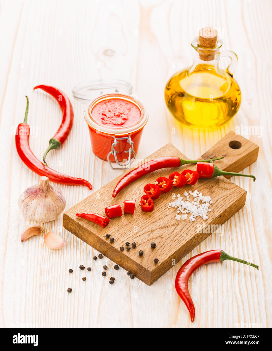 Zutaten für scharfe Paprika-Sauce-Vorbereitung Stockfoto