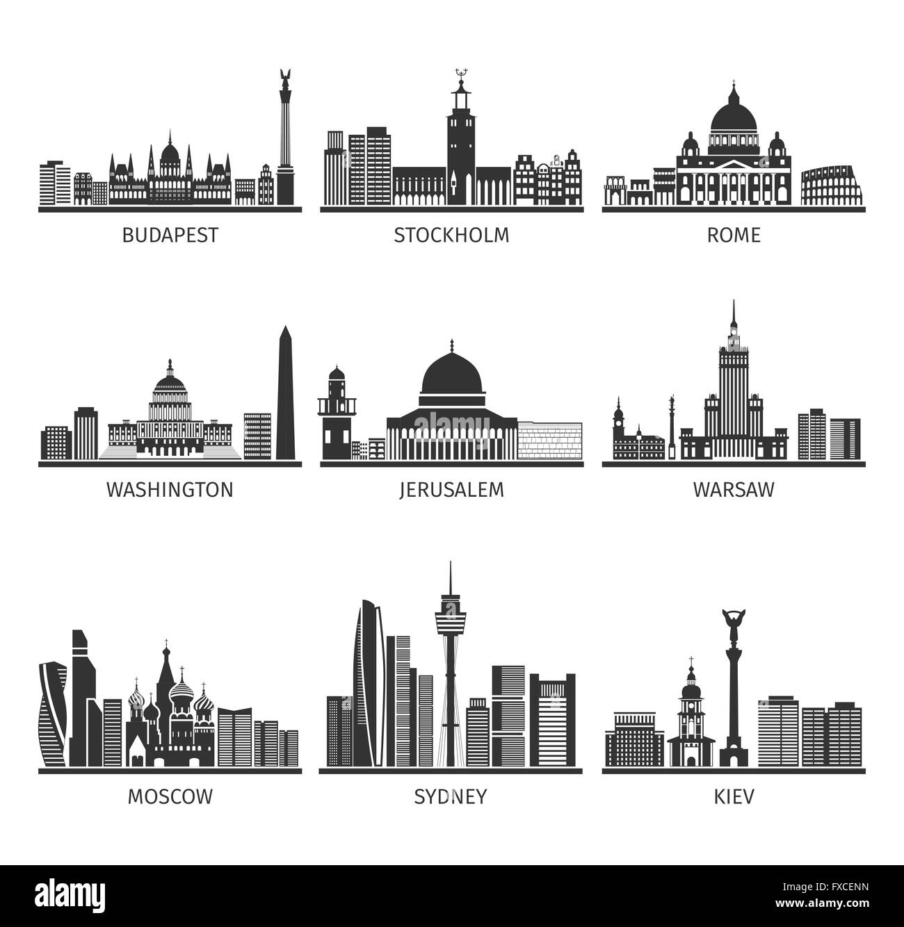 Welt berühmten Stadtansichten schwarzen Icons Set Stock Vektor