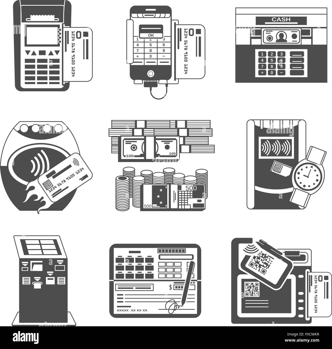 Zahlung Methoden schwarz Icons set Stock Vektor