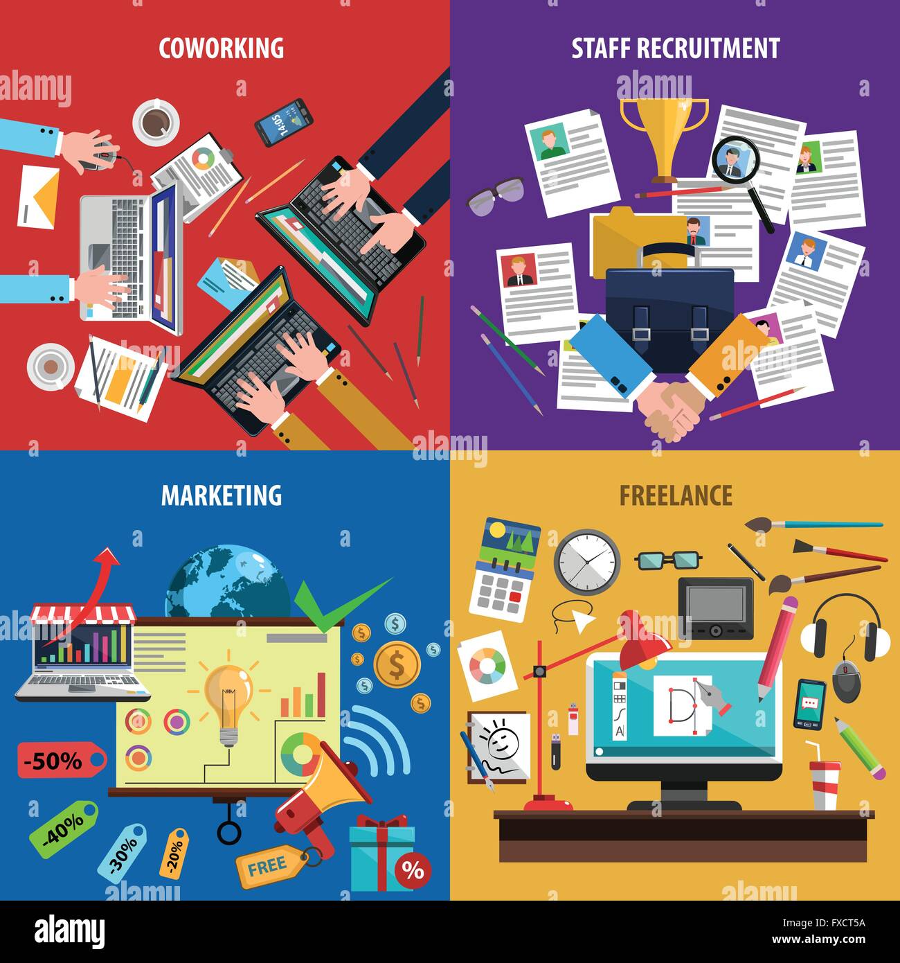 Freiberufliche 4 flache Symbole Banner Platz Stock Vektor