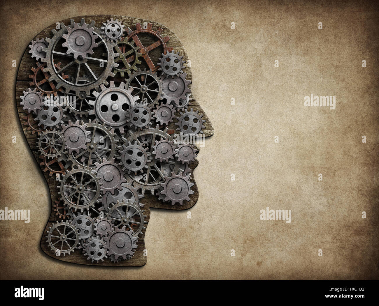 Kopf aus Getriebe und Zahnräder hergestellt. Aktivität des Gehirns, Idee Konzept. Stockfoto