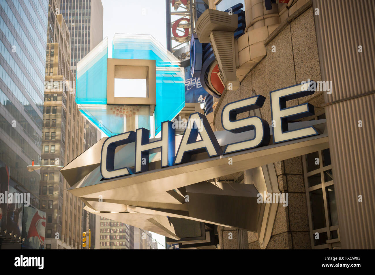 Eine Filiale der Chase Bank in New York am Montag, 11. April 2016. Die vier Großbanken, JPMorgan Chase, Bank of America, Wells Fargo und Citigroup Bericht Ergebnis im ersten Quartal in dieser Woche die schlimmsten seit dem Beginn der großen Rezession sein dürften. (© Richard B. Levine) Stockfoto
