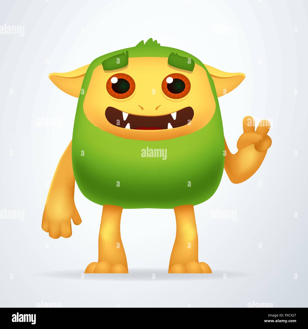 Niedliche Cartoon Green Beast mit Sieg Geste. Spaß flauschige unmöglich Kreatur isoliert auf weißem Hintergrund. Stock Vektor Niedliche Cartoon Green Beast mit Sieg Geste. Spaß flauschige unmöglich Kreatur isoliert auf weißem Hintergrund. Stock Vektor