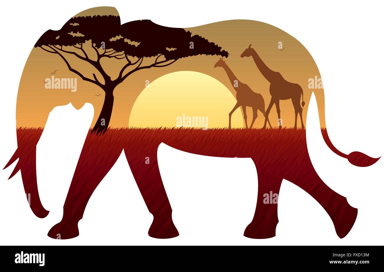 Afrikanische Landschaft in der Silhouette des Elefanten. Keine Transparenz verwendet. Einfache (lineare) Farbverläufe verwendet. Stock Vektor