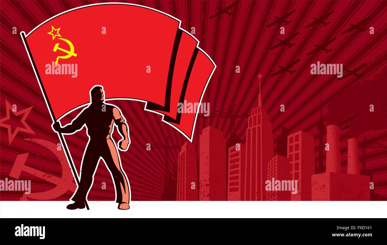 Fahnenträger mit der Flagge der UdSSR über Grunge Hintergrund mit Textfreiraum. Stock Vektor