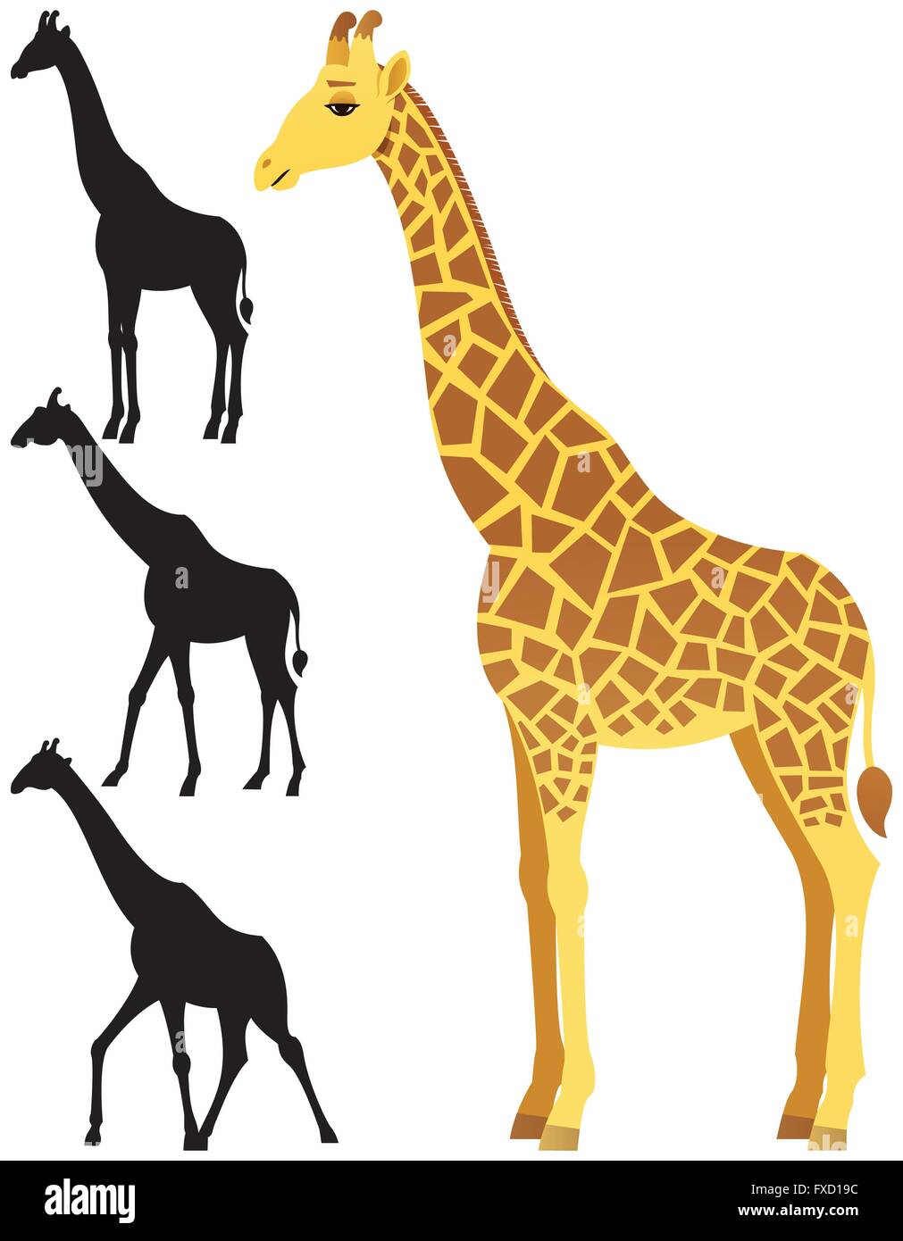 Illustration der Giraffe auf weißem Hintergrund. 3 Silhouette-Versionen enthalten. Keine Transparenz verwendet. Einfache (lineare) Steigungen uns Stock Vektor
